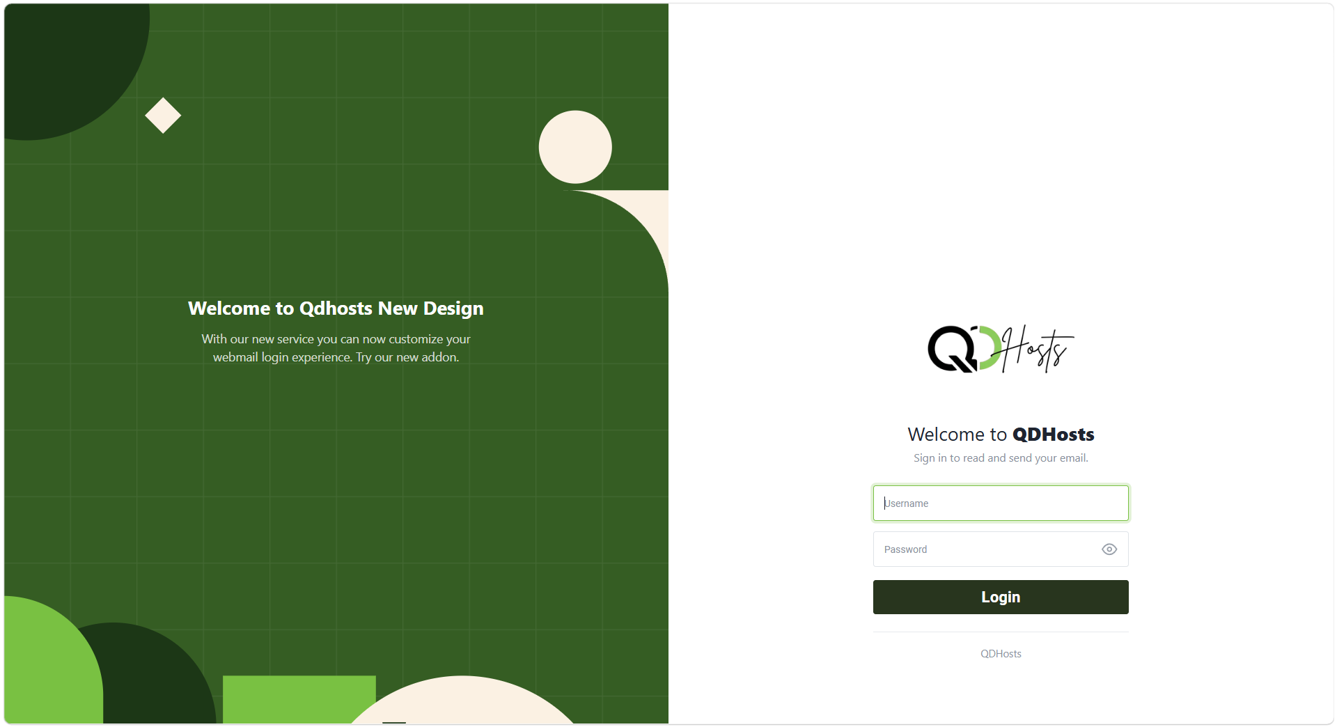 The QDHosts webmail sign-in page, with your own logo, colors and message